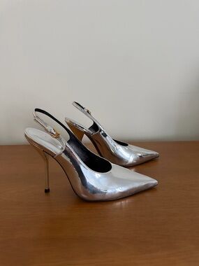 Larroude x Altuzarra Silver Pointed-Toe Slingback Stiletto Heels
